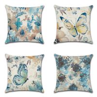 1pcs/4pcs 45x45cm/18x18inch Flower Butterfly Pattern Cushions Cover Blue Pillowcase Linen Cushion Cover Throw Pillow Case Sofa Decoration Pillow Cover