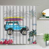 【Bathroom sale】 Travel Bus Surfboard Shower CurtainsTree SummerScenery Bathroom Decorfabricurtain With Hooks