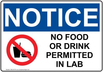 แจ้งให้ทราบว่าไม่มีอาหารหรือเครื่องดื่มที่ได้รับอนุญาตในห้องปฏิบัติการ OSHA ป้ายความปลอดภัยพลาสติกสำหรับสิ่งอำนวยความสะดวก
