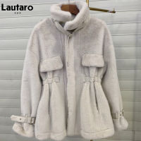 Lautaro Winter Soft Warm Thick Faux Fur Coat Women Drop Shoulder Long Sleeve Zipper Drawstring Fluffy Jacket Korean Fashion 2021