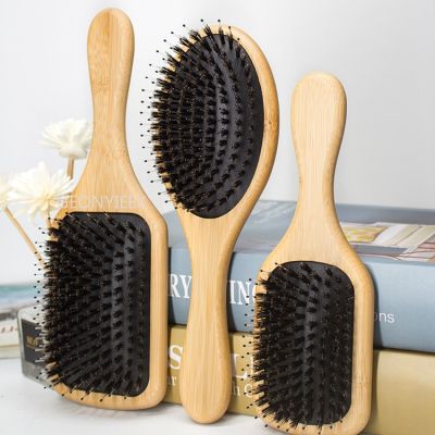 ‘；【。- Hair Brush Natural Bamboo Handle Boar Bristles Anti-Static Hair Scalp Paddle Hairbrush Gasbag Massage Comb Hair Care