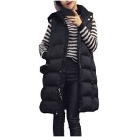 ZZOOI Autumn Winter Women Solid Long Cotton Vest Hooded Fashion Vests Jacket Padded Thickened Corduroy Windproof Warm Waistcoat Coat