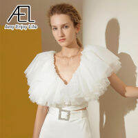 AEL Woman White Short Blouse Organza Multilayer Ruffle Short Sleeve Cut Top Fashion Elegance Ladies Shirt