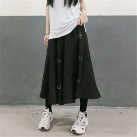 (HOT) หลวม Hip-Hop Punk Elastic High เอว Cargo กระโปรงผู้หญิงเกาหลี Ulzzang Casual Gothic ยาว Dark กระโปรง2021 Streetwear สีดำ Saia