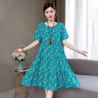 【YF】 Loose Midi Dress Women Vintage Print Korean Elegan Boho Floral Dresses Summer O-Neck Womens Casual Sundress