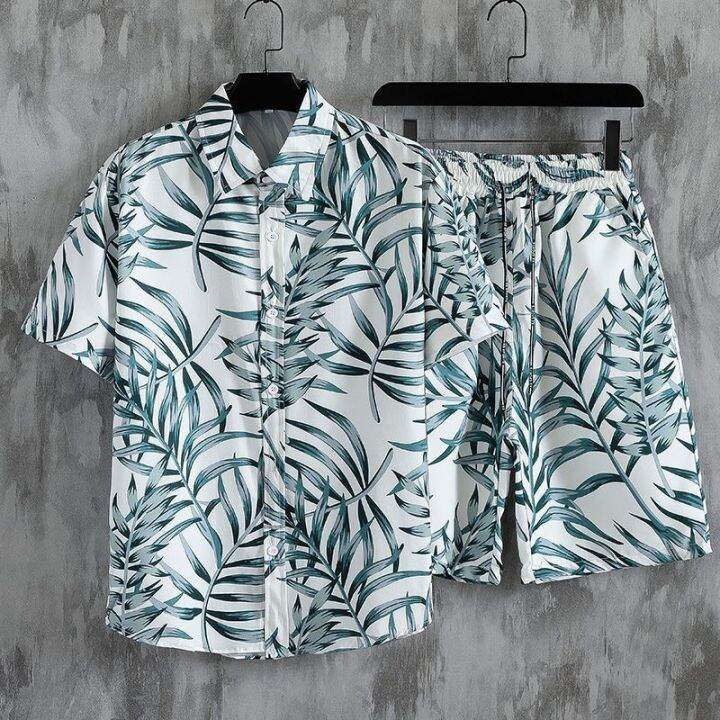 ชุดสูทฤดูร้อนของผู้ชาย-pdd8-14วันหยุดฮาวายเสื้อเชิ๊ตลายดอกไม้หลวมดอกไม้ห้าจุดกางเกงชายหาดคู่รักชุดลำลองของผู้ชาย