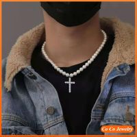 ☜ New Pearl Cross Necklace Mens Trendy Hip Hop Pendant Retro Clavicle Necklace Female Couple Diamonds Fashion Gifts