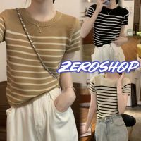 Zero shop?พร้อมส่ง? (Zero-6Y032)เสื้อครอปไหมพรมแขนสั้น ลายทางยืดตามตัว  -C