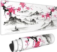 สีน้ำ Japanese Mountain Sakura Mat ฐานยางกันลื่นแผ่นรองเม้าส์เย็บขอบโต๊ะขยายแผ่นรองเม้าส์ 31.5x11.8 นิ้ว