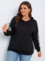 Yuisle Womens Casual Ladies Comfort Plus Size Sweatshirt Plus Floral Print Drop Shoulder Drawstring Hoodie Leisure Perfect Comfortable Eye-catching (Color : Black, Size : X-Large)