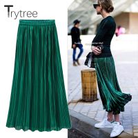 【CW】 Trytree Pleated Skirt Womens Waist Skirts New Fashion Metallic Female