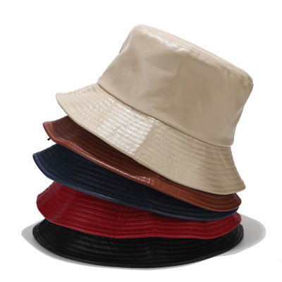 Hot Selling Fashion Soild Bucket Hats PU Womens Leather Fishing Bob Cap Outdoor Foldable Fisherman Hat for Men Uni Panama
