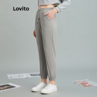 Lovito กางเกง เบสิค แบบเรียบ มีเชือกรูด L10099 (สีเทา)