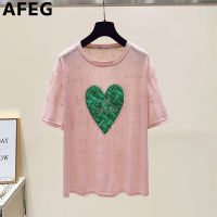 AFEG เสื้อยืดแขนสั้นพิมพ์ลายความรักทรงหลวมลำลองแฟชั่นคอกลมเกาหลี