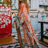 ➦ 2023 Boho พิมพ์ Pareo Cardigans Robe De Plage V คอ Waistbelt Kimono ชุดว่ายน้ำที่คลุม Ups ขนาดพิเศษ