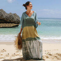 2023 บิกินี่คอวี Cover Up Retro ผู้หญิง Oversize Chic Maxi Dress Beach Tunic Kaftan ชุดว่ายน้ำชายหาด