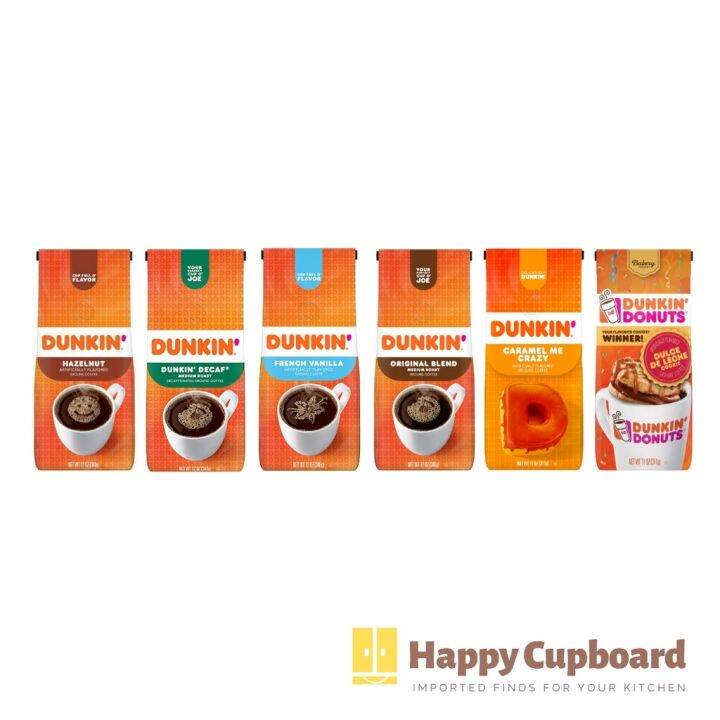 Dunkin Donuts Ground Coffee Med Roast Hazelnut Decaf Dulce de Leche French Vanilla (340g