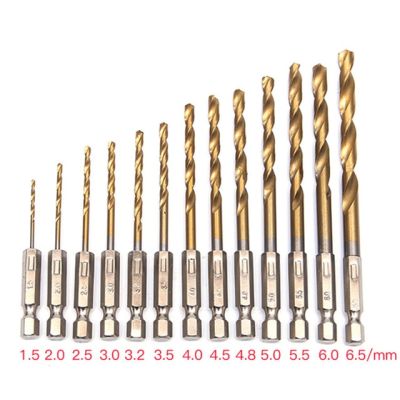 HH-DDPJ13pcs Hss Drill Bit Set High Speed Steel Titanium Coated Drill Bit 1/4 Hex Shank 1.5-6.5mm Hexagonal Handle Twist Drill