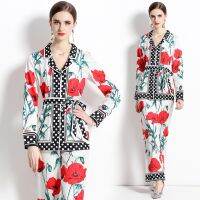 Women New Two-Piece Set Fashion Real Shot Spot-Fashion  Suit Collar Printed Shirt Two-Piece Casual High Waist Straight Wide Pants