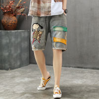 【CW】Summer New Arts Style Womens Elastic Waist Vintage Denim Shorts Jeans Feminino Patchwork Embroidery Ripped Jeans S839