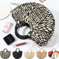 ZHONGCUI Travel Handmade Totes Bohemia Summer Round Rattan Beach Straw Bag Weaving Bag Moon Shaped Top Handle