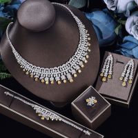 4 Pcs Luxury Cubic Zirconia เจ้าสาวชุดเครื่องประดับสำหรับงานแต่งงานของผู้หญิง CZ Light Drop ชุดเครื่องประดับเจ้าสาว