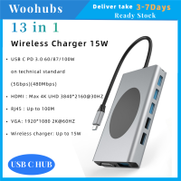 [COD]Woohubs ยี่ห้อ USB ฮับ Type-C 3.0พร้อมพอร์ต HDMI 5Gbps ที่ชาร์จแบบไร้สาย (USB 3.0X2 + USB 2.0 + VGA + RJ 45กิกะบิตอีเธอร์เน็ต + HDMI + Type-C + SD และพอร์ตการ์ด SD ขนาดเล็ก) ฮับพอร์ตหลา