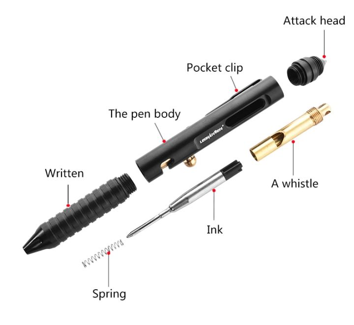 ปากกาอุปกรณ์เอาตัวรอดนกหวีดทองเหลืองอเนกประสงค์ทำจากเหล็กทังสเตนซองใส่ปากกาพร้อมใช้งาน