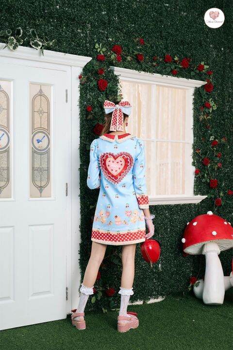 mariadiamond-x-littledoll-kids-dress-สีฟ้าลายสก๊อตชุดเดรสสั้นเเขนยาวพิมพ์ลาย-ติดกระดุมหน้าหัวใจ