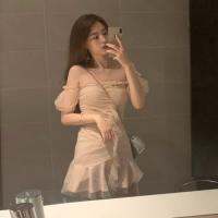 COD DSTGRTYTRUYUY Summer womens Korean fairy sexy mesh splicing popular off shoulder waistband temperament dress