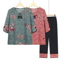 【มีไซส์ใหญ่】Plus Size Womens Vintage Floral Printed 2 Pieces Summer Sets Half Sleeve Top + Elastic Waist 8/10 Pants Female Suits