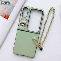 เคสโทรศัพท์กระต่ายคริสตัลการ์ตูน HOCE สำหรับ OPPO Find N2พลิกพร้อมสายรัดข้อมือเคสสีทึบ Morandi สำหรับเคส FindN2flip