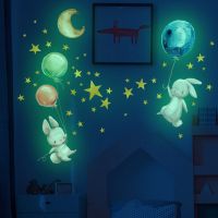 ZZOOI Luminous Rabbit Balloon Stars Wall Sticker For Kids Baby Room Home Decor Wallpaper Girls Bedroom Glow In The Dark Bunny Sticker