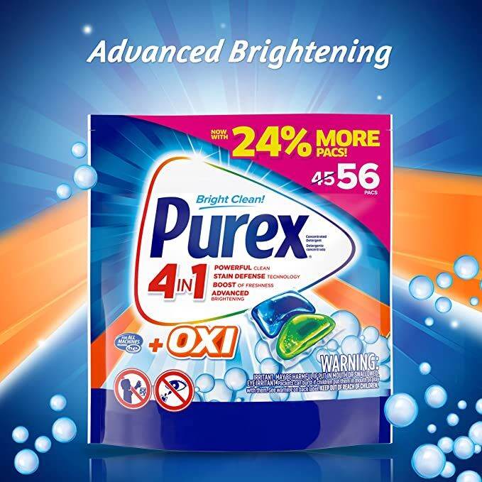 Purex 4in1 + OXI Laundry Detergent Pacs, Fresh Morning Burst, 56