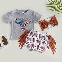 Independence Day Fashion Summer Newborn Baby Girls Clothes Sets Cattle Letter Print Short Sleeve T-shirts+Tassel Shorts+Headwear  by Hs2023