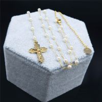 Cross Jesus Rosary Catholic Necklace Gold Color Stainless Steel Imitation Pearls Long Chain Necklaces Jewelry Collares YB40S5