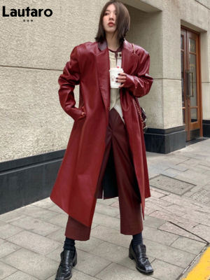 Lautaro Autumn Long Oversized Wine Red Leather Trench Coat for Women Long Sleeve Lapel Loose Casual Stylish Korean Fashion 2021