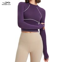 Mermaid Curved Autumn Winter Fitness Long Sleeve Muss Tight Training T-shirt Sports Crop Top Womens Contrast Running Yoga Shirt