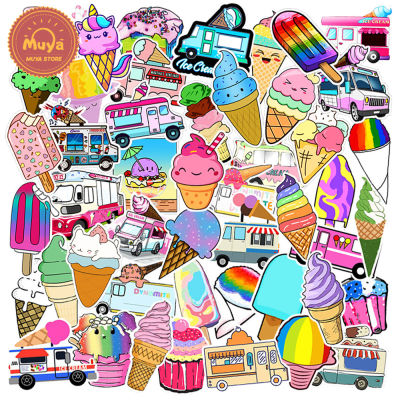 MUYA 50Pcs Ice Cream Cart สติกเกอร์ฤดูร้อนการ์ตูน Graffiti สติ๊กเกอร์ไวนิลสำหรับแล็ปท็อปกันน้ำตกแต่งบ้านของขวัญเด็ก