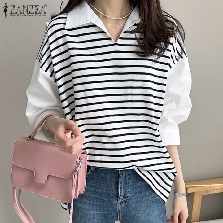 ZANZEA Korean Style Women Versatile Stripe Printed Turn-Down-Collar ...