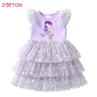 DXTON Girls Summer Tutu Dress Kids Mermaid Print Cartoon Layered Dresses Girls Birthday Party Travel Beachwear Children Clothing