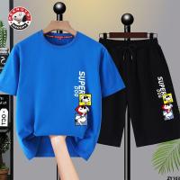 เสื้อผ้าฝ้าย100 สำหรับฤดูร้อนชุดกีฬาเด็กผู้ชายแขนสั้น Snoopy กีฬาหลวมสำหรับเด็กกางเกงขาสั้นสองชิ้น