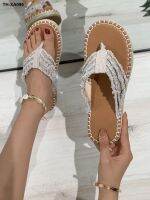 ?﹍✑ new flat-bottomed open-toed tassel large-size sandals womens slippers spot