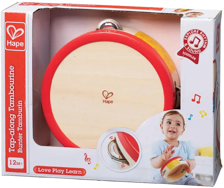 Hape, E0607 Tap along Tambourine , Wooden Tambourine Drum for Kids, Musical Instrument for Children 12 Months and Up