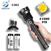 Powerful LED Flashlight with 4 Core P70 Lamp Bead Zoomable 3 Lighting Modes LED Torch Support for Mircro Charging Hunting Lamp Diving Flashlights