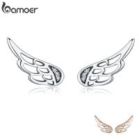 【When the flowers bloom】 BAMOER ของแท้925เงินสเตอร์ลิง Feather Fairy Wings Stud ต่างหูเงินแฟชั่นผู้หญิงเครื่องประดับเงินคริสต์มาส Gift