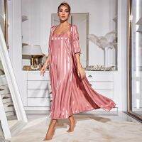 【LZ】✹☼  Pijama Sexy das mulheres Rosa Satin Stripe Impressão Robe 2-Piece Set Longo Roupão Kimono Lingerie de Luxo Strap V-neck Nightdress