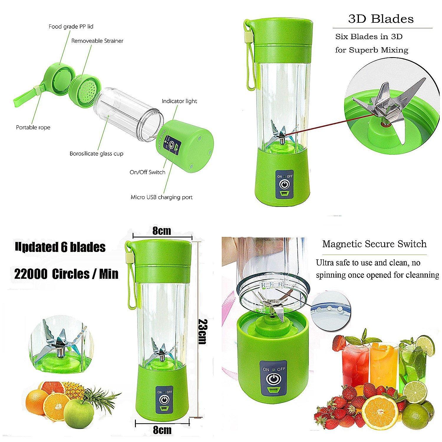 380ML Personal Blender USB Rechargeable Electric Fruit Juicer for Smoothies and Shakes 3D Six Blades for Superb Mixing Green