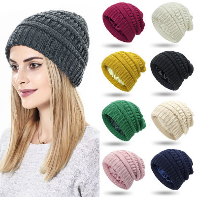 Winter Knit Woolen Beanie Hats for Women Silk Satin Lined Chunky Cap Soft Stretch Cable Knit Warm All-match Slouchy Sports Hat
