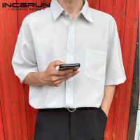 [Perfectly] INCERUN Mens Collared Casual Shirt Short Sleeve Solid Beach T Shirt Tops Button Up Tee (สไตล์เกาหลี)